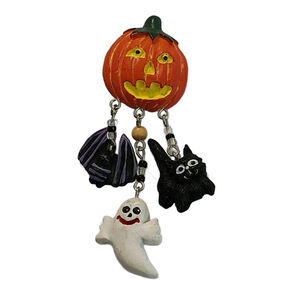 Vintage Jack o Lantern Dangle Brooch with Ghost, Black Cat, Bat, 3.5" Long